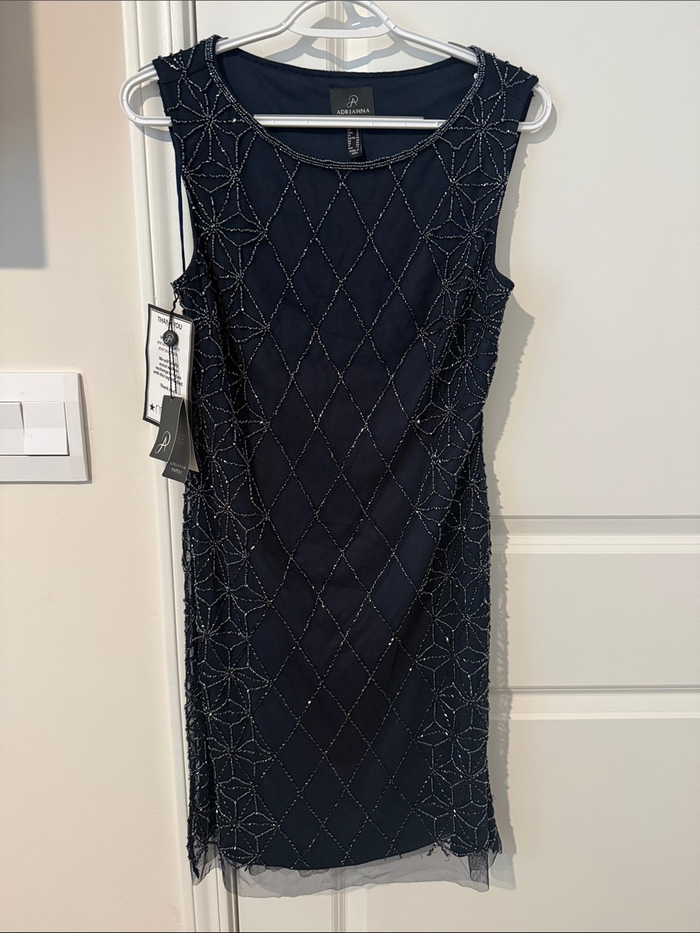 Adrianna Papell Navy Beaded Sleeveless Midi Sheath